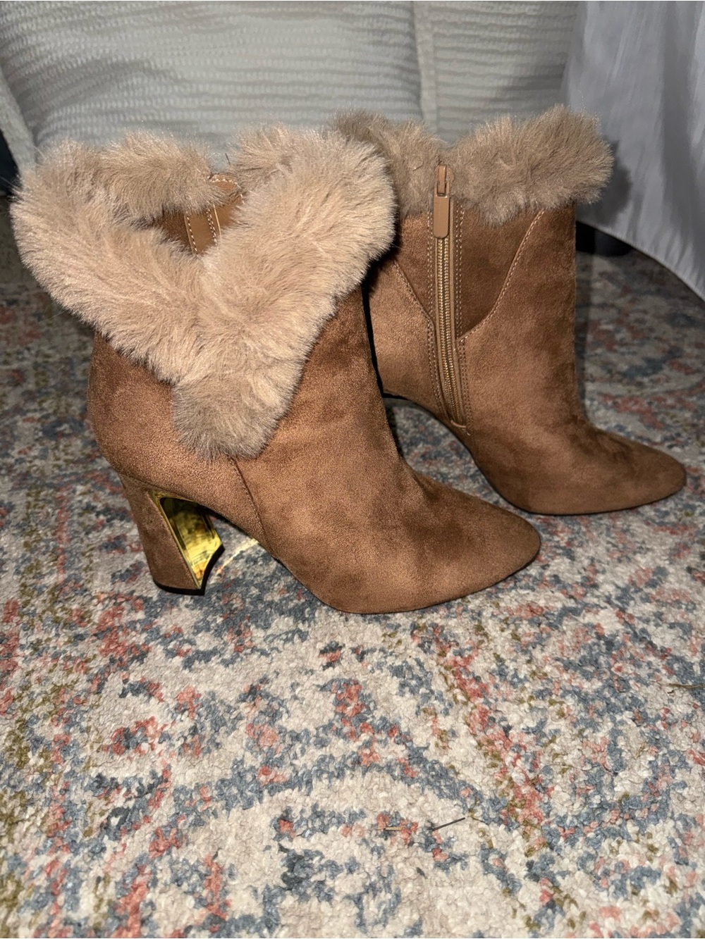 Tan Suede Faux Fur-Trim Ankle Booties